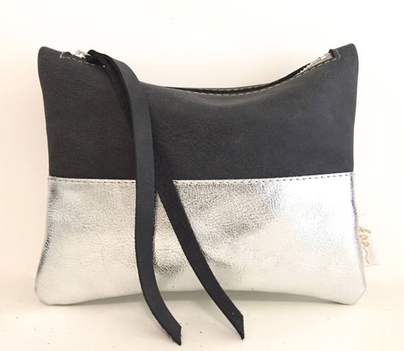 Leather pouch silver, silver leather purse, small leather bag silver