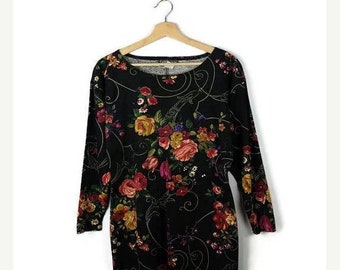 ON SALE Vintage Black x Floral Long Sleeve Dress from 80's*