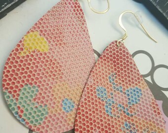 Flower Honeycomb Leather Teardrop earrings. Light weight. Nickle free. Hypoallergenic. Med 2 1/4 inches