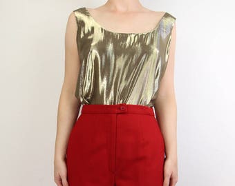 VINTAGE Gold Tank Top Metallic 1980s Sleeveless Large