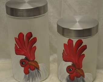 Hand painted, White Rooster Kitchen Canisters, set of 2