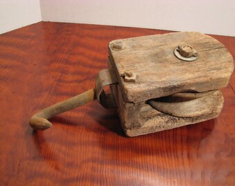 Antique Wood Pulley - Primitive Barn Pulley with Iron Hook