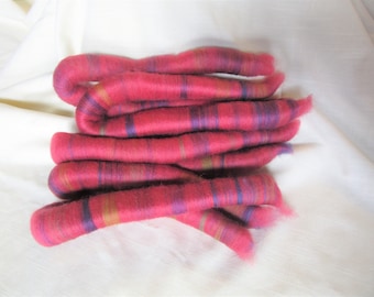 2.0 oz Handcrafted Alpaca Rolags - 1.4 oz. Alpaca Hand Dyed Crimson blended with .6 oz. Merino Hand Dyed Purples, Oranges, Green & Rasberry