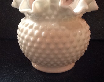 Fenton Milk Glass Hobnail Double Crimped Vase