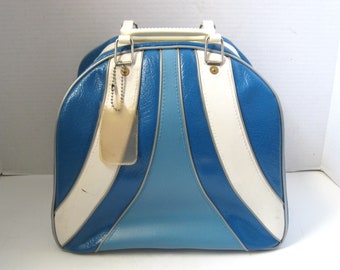 Mid Century Retro Brunswick Two Tone Blue & White Bowling Ball Bag Luggage Travel