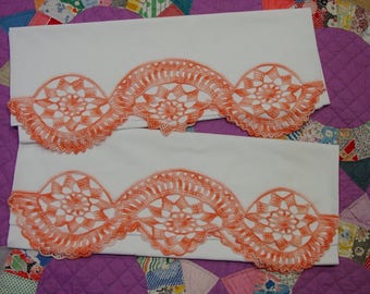 Vintage Pillowcase Pair with Elaborate Hand Crochet Peach on White Cotton, Perfect