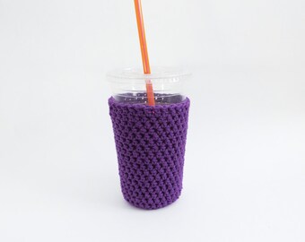 purple iced coffee cozy. Crochet coffee cozy. purple cup cozy. Cotton cup sleeve. Eco friendly cup jacket. drink cozy. Purple cup sleeve