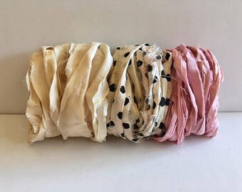 Silk Sari Ribbon-Antique White, Dot, Pink Sari Ribbon-9 Yards