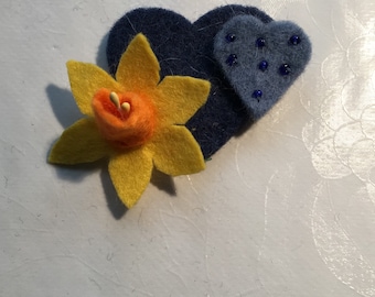 Daffodil And Blue Hearts Felt Brooch