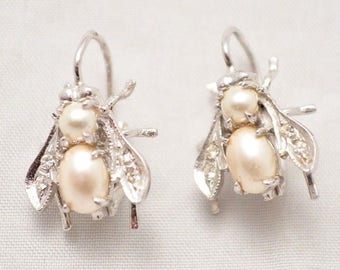 Sterling Silver and Pearl Bee Earrings