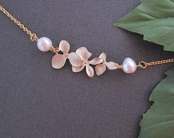 Orchid Necklace, Flower Necklace, Pearl Necklace, Statement Necklace, Mothers Necklace, Wedding Necklace, Bridal Jewelry,Gold necklace,gift