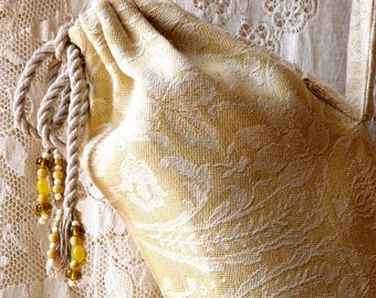 SALE! Yoga bag, beaded, yellow and white cotton brocade