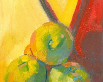 still life painting original oil on canvas small 6x8 inches Jug, Three Apples