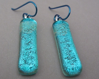 Dichroic fused glass earrings Pale Aqua shimmer translucent dangle earrings Hypo-allergenic niobium ear wires dichroic fused glass jewelry