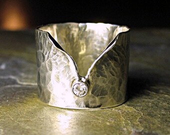 Diamond ring artisan ring sterling silver wide band engagement ring - Ice Whisper