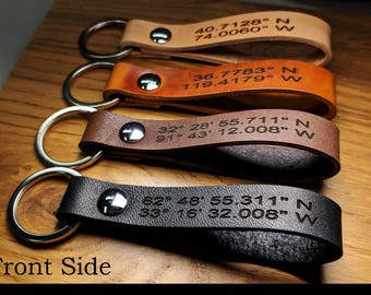 Custom Leather Keychain, Personalized GPS Coordinates, Messages, Names, Symbols, etc. Permanent Engraved. Anniversary Quotes Made in America