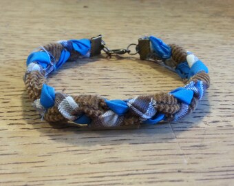 Braided Fabric Bracelet - Plaid/Corduroy/Blue - 1/2 inch width