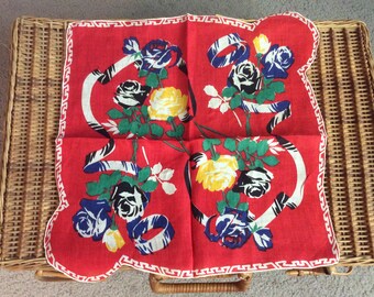 Colorful Roses Flowers on Red Vintage Hankie Hanky BEAUTIFUL Handkerchief