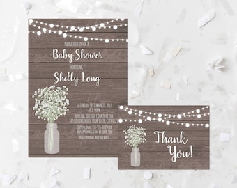 Rustic Baby Shower Invitation Printable Baby's Breath Baby Shower Invite Wood Baby Shower Invite Mason Jar Baby Shower Invitation 357