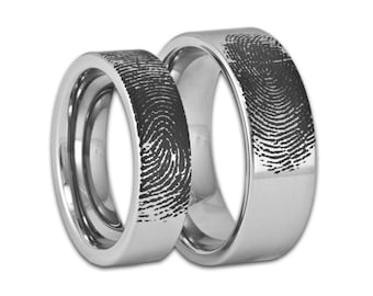 Couples Custom Engraved Pipe Cut Tungsten Fingerprint Rings His and Hers Matching Wedding Bands Personalized Flat Style