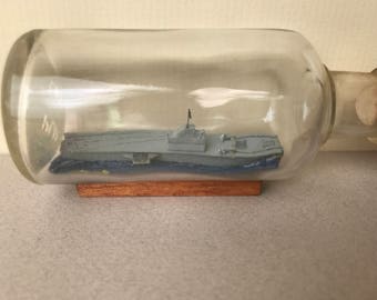 Vintage Handcrafted Model USS Yorktown Aircraft Carrier in a Bottle.