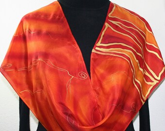 Silk Scarf Orange Red Hand Painted Silk Shawl EASTERN LOVE Size 11x60. Hand Dyed Scarf by Silk Scarves Colorado. Birthday, Christmas Gift
