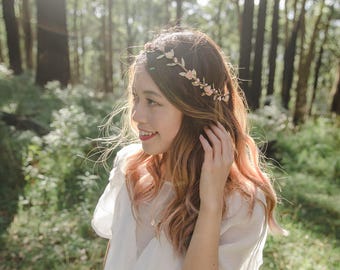 peach gold flower hair wreath // bridal wedding flower crown headband / rustic forest spring woodland headpiece / bridesmaids flower crown