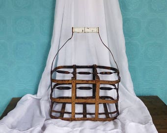 French Vintage Metal Bottle Carrier for Six Bottles - Rustic French Bottle Carrier - French Wine Bottle Carrier - French Country Kitchen