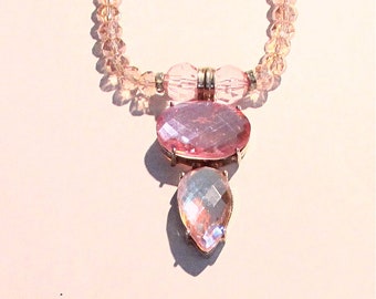 Pink Topaz Necklace, Pink Topaz Pendant, Sterling Silver Pendant And Glass Crystal Bead Necklace