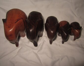 5 miniature ebony wood elephant carvings