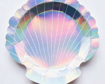 Mermaid party plates, shell plates, mermaid partyware, Scalloped shell, Holographic, Meri Meri, childrens mermaid party theme, under the sea