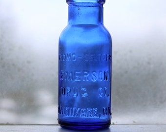 Antique Cobalt Blue Bromo Seltzer Bottle Emerson Drug Co Baltimore MD 4 Inch Embossed Rolled Top Side Seams Hand Blown Medicine Bottle