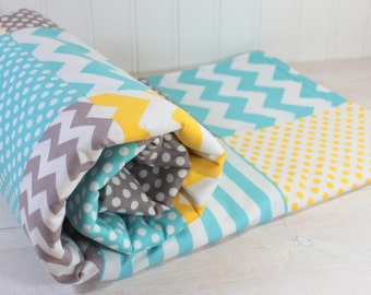 Baby Blanket, Nursery Decor, Minky Baby Blanket, Baby Quilt, Baby Shower Gift, Patchwork Quilt, Baby Bedding, Yellow, Gray, Grey, Aqua