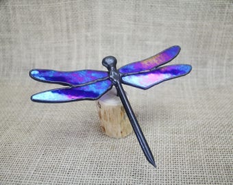 Stained Glass Dragonfly Sculpture, Blue Iridescent on Wood Base, Glass Art, Wildlife Art