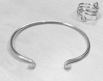 Sterling silver open bangle, Open cuff bracelet, Delicate bangle bracelet, Curled cuff bracelet, Minimalist jewelry