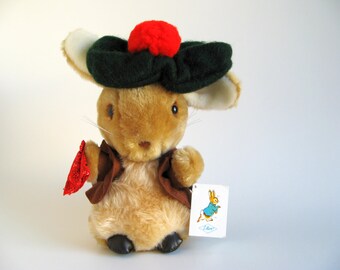 Vintage Benjamin Bunny Stuffed Animal Toy by Eden Toys Orginal Paper Tag Beatrix Potter Peter Rabbit 1980s Green Tam O'shanter Red Pompom