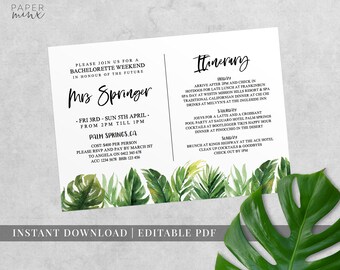 Tropical Bachelorette Weekend Invitation | Bachelorette Itinerary Template | Editable | Tropical Hens Weekend | Hens Party | Tropical Palm