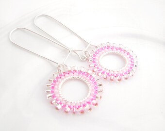 Dangly Hoop Earrings: Seed Bead Hoops, Pink Dangle Earrings, Small Hoops, UK Seller