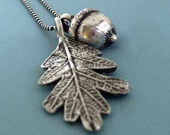 Sterling Silver Acorn and Oak Leaf Necklace Free Shipping, Gardening Gift