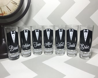 Personalized Shot Glasses with Tuxes, Groomsmen Wedding Glasses, will you be my groomsman, groomsman gifts, wedding party gifts