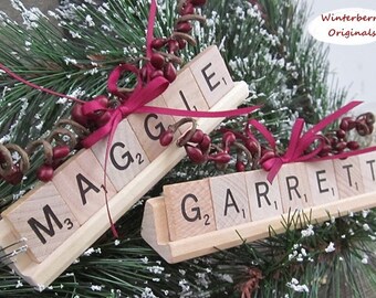 Personalized Scrabble Ornament with Tile Tray - Stocking Stuffer - Co-Worker Gift -Package Tie-On