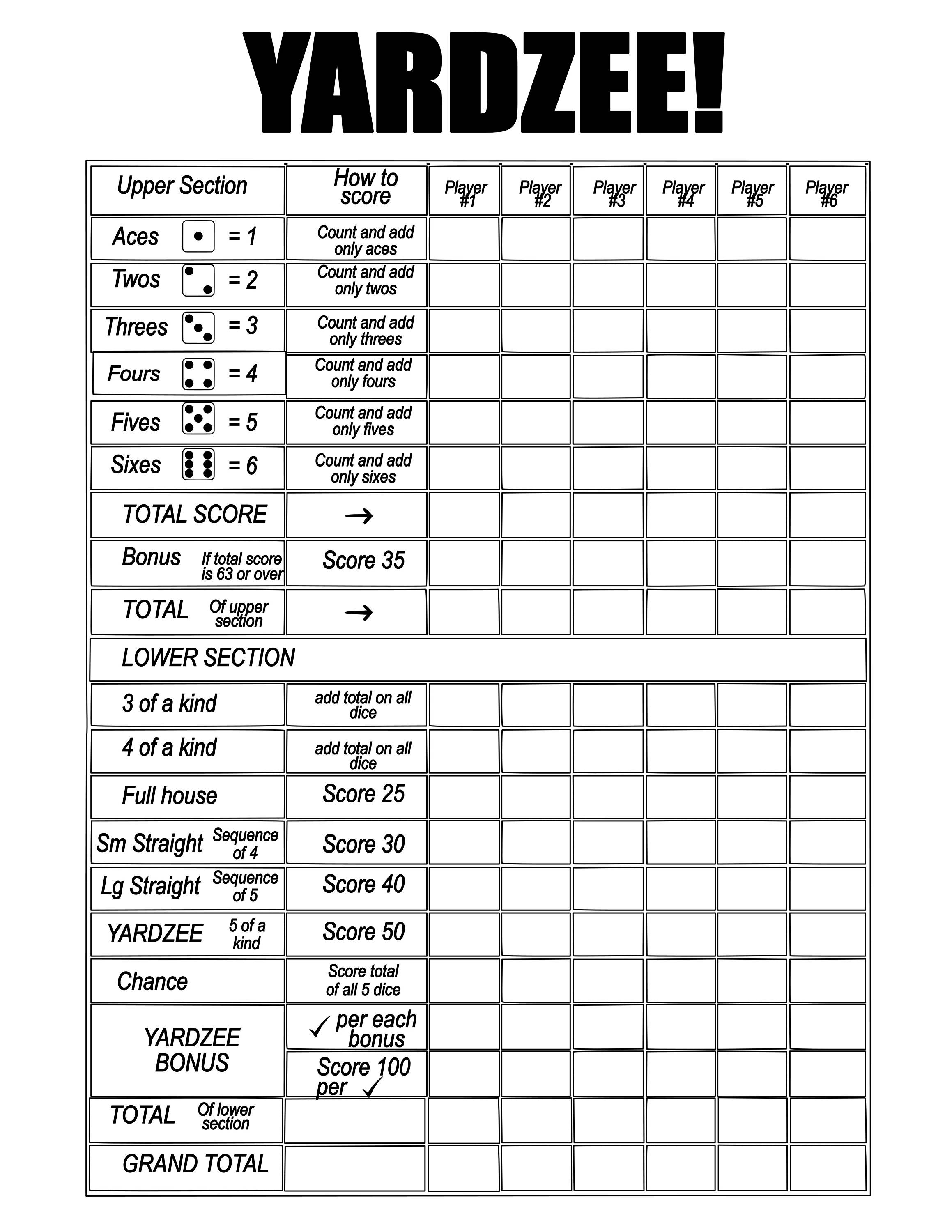 Yardzee Printable Score Sheet Printable Word Searches