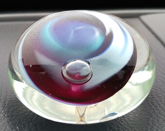 Rollin Karg Art Glass Paperweight Blue Chromatic Round Signed "Orion Nebula"