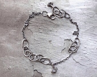 Herkimer Quartz Bracelet - Raw Crystal Bracelet - Oxidized Sterling Silver Link Bracelet - Dainty Chain Bracelet - Simple Bracelet