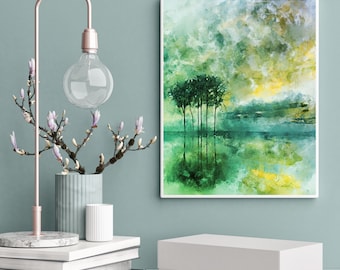Abstract Trees Reflected on Water, Cold Shades, Mint Green, Lemon Yellow and Sapphire Blue, Printable, Home Decor Wall Art