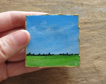 Miniature Prairie Landscape Painting, original small acrylic landscape art with blue sky & green field, tiny 2x2 inches