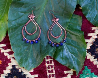 Copper Wire Wrap Lapis Lazuli Hoop Earrings