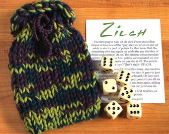 Zilch dice game with handknit bag