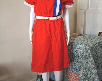 Vintage red belted midi dress with vertical stripes 1980s