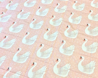 Swan Play Mat for Baby Tummy Time. Pink Peach Linen Cotton Quilted Circle Rug White Swan Illustrated Fabric. Ships in 4-6 wks